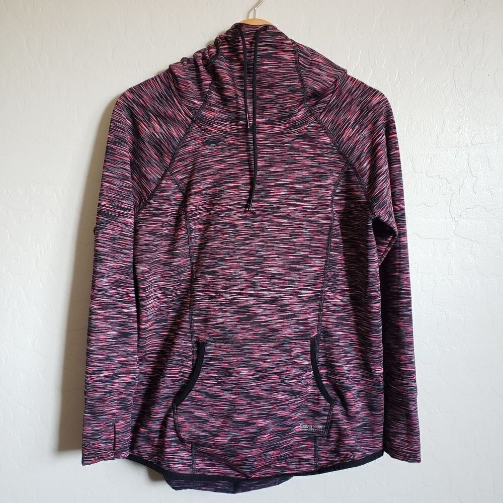 Calvin Klein Space Dye Funnel Neck Pullover Hoodie Sweater Pink/Black Women's M